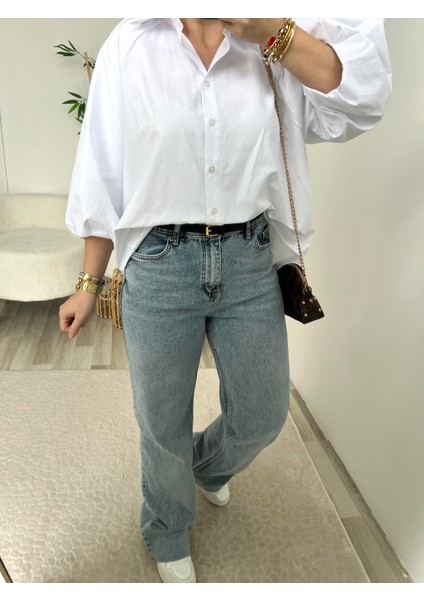 Açık Mavi Kesik Paça Straight Jean Pantolon fırsatları