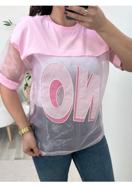 Pembe Organze Tül Detaylı Tişört