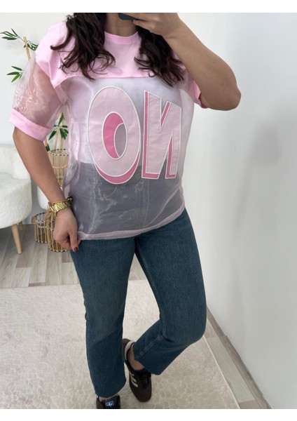 Pembe Organze Tül Detaylı Tişört modelleri