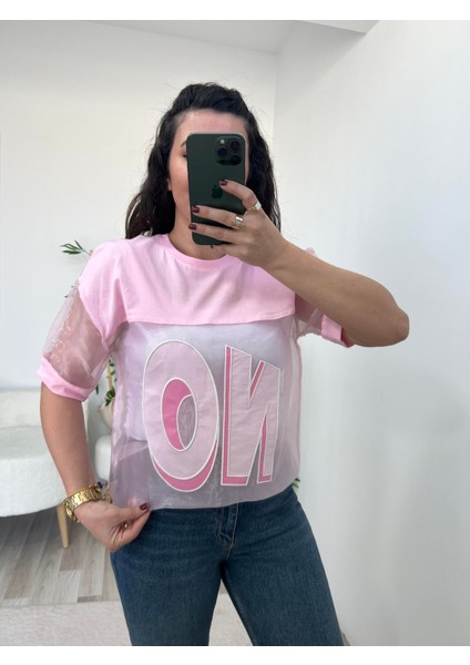 Pembe Organze Tül Detaylı Tişört fırsatları