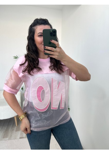 Pembe Organze Tül Detaylı Tişört indirimleri