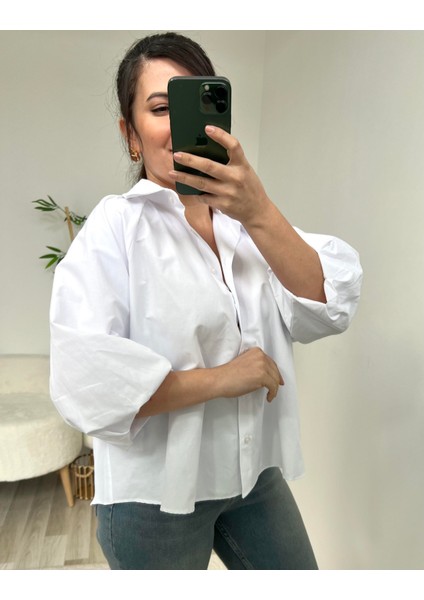 Beyaz Balon Kol Poplin Gömlek modelleri