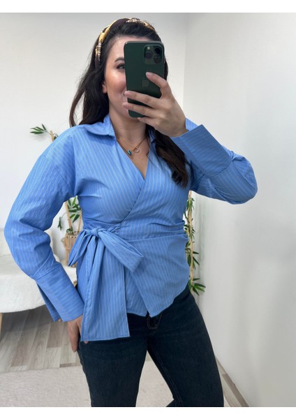 Mavi Çizgili Bağlamalı Poplin Gömlek modelleri