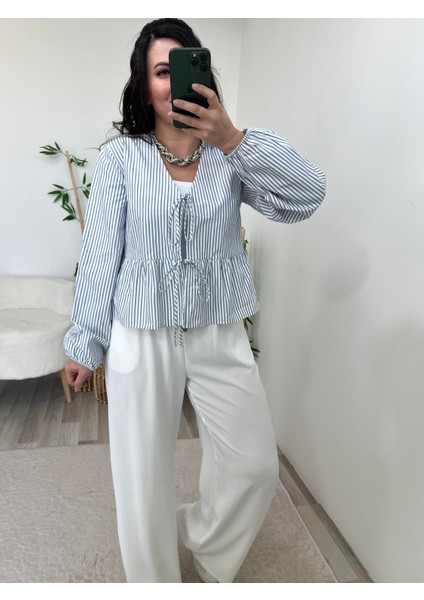 Çizgili Bağcıklı Altı Volanlı Gömlek modelleri