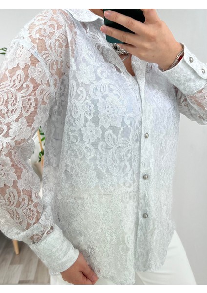 Parlak Gümüş Geçişli Dantel Detaylı Tasarım Gömlek modelleri