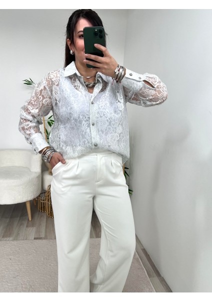 Parlak Gümüş Geçişli Dantel Detaylı Tasarım Gömlek indirimleri