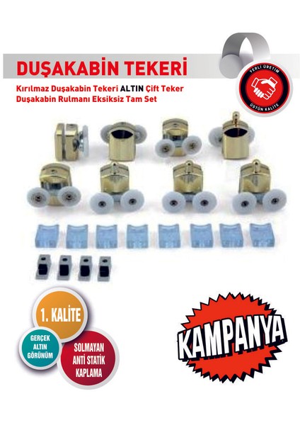 Kırılmaz Duşakabin Tekeri Altın Sarısı Çift Teker Duşakabin Rulmanı Eksiksiz Tam Set