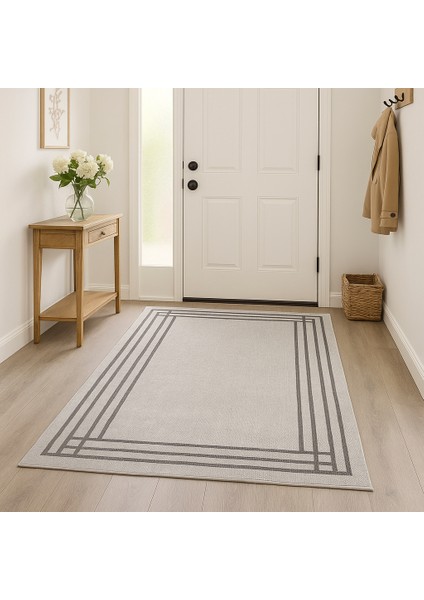 70 x 140 Dijital Baskılı Modern Çerçeve Desenli Yolluk – Gri Zeminli, Kaymaz Taban, Silinebilir Minimal Halı