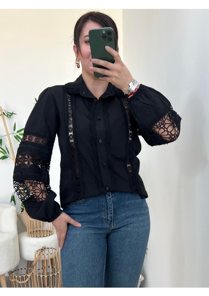 Siyah Balon Kol Fisto Talya Gömlek