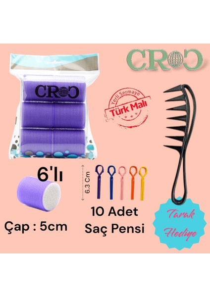 1203 Mor Cırtlı Sünger Bigudi 6'li Çap 5 cm +10'lu Plastik Saç Pensi