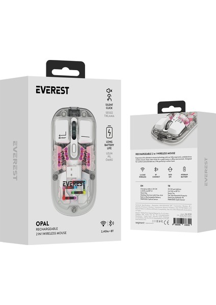 SM-BT89 Opal Şarj Edilebilir Sessiz Beyaz Transparan Rgb 2in1 2bt ve 2.4ghz Kablosuz Mouse