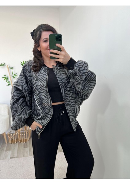 Siyah Organze Lüx Kalite Bomber Ceket