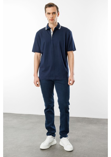 Erkek Polo Yaka Merserize T-Shirt Lacivert_3