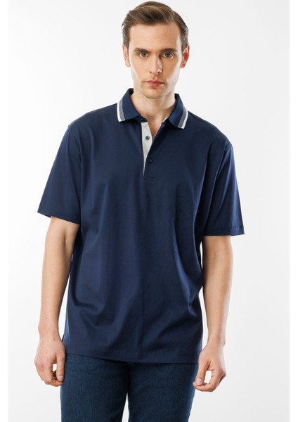 Erkek Polo Yaka Merserize T-Shirt Lacivert_3