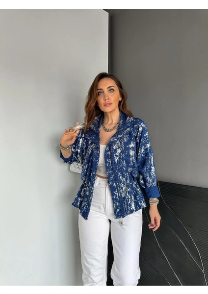Qimene Kadın Iri Cepli Beli Büzgülü Bol Yakalı Varaklı Oversize Mont
