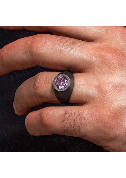 925 Ayar Gümüş Oksitli Yuvarlak Pembe Zirkon Taşlı Sade Erkek Yüzük