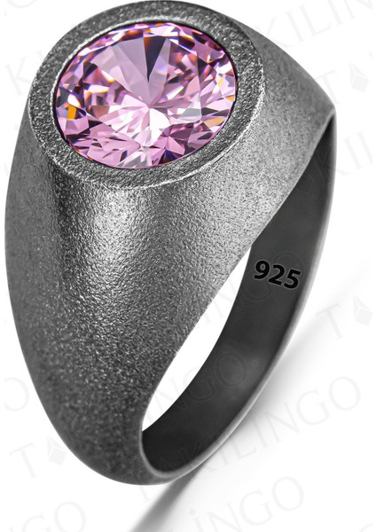 925 Ayar Gümüş Oksitli Yuvarlak Pembe Zirkon Taşlı Sade Erkek Yüzük fiyatları