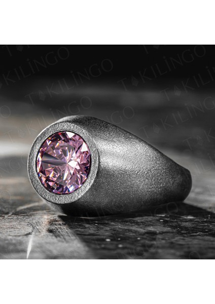 925 Ayar Gümüş Oksitli Yuvarlak Pembe Zirkon Taşlı Sade Erkek Yüzük modelleri