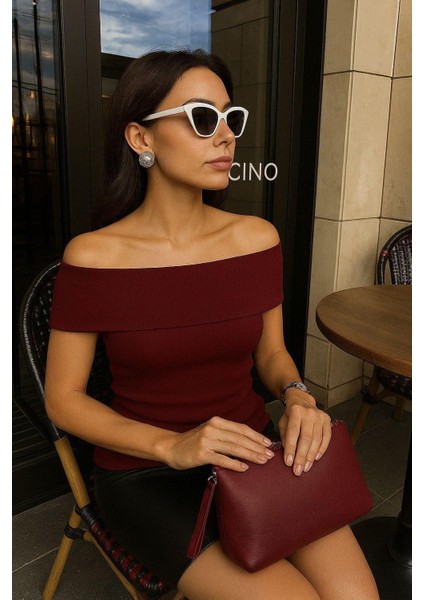 Bordo Sıfır Kol Madonna Bluz