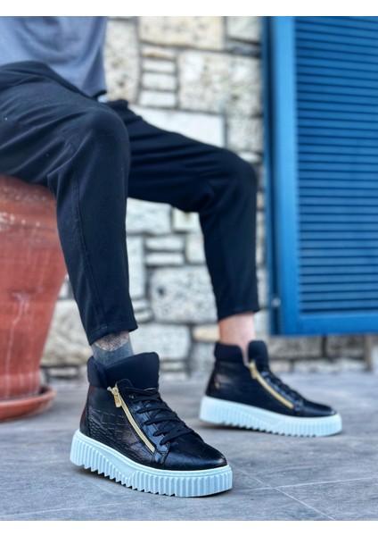 ET-S-512 Kalın Yüksek Taban Çift Fermuarlı Siyah Erkek Spor Bot