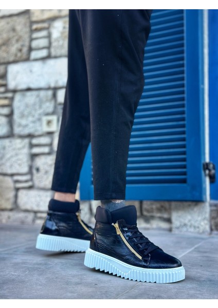 ET-S-512 Kalın Yüksek Taban Çift Fermuarlı Siyah Erkek Spor Bot fiyatları