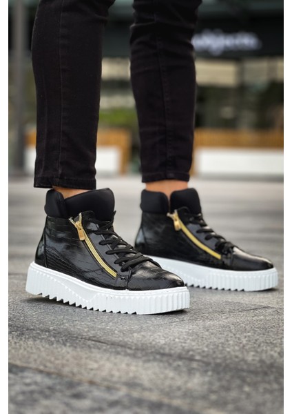 ET-S-512 Kalın Yüksek Taban Çift Fermuarlı Siyah Erkek Spor Bot modelleri