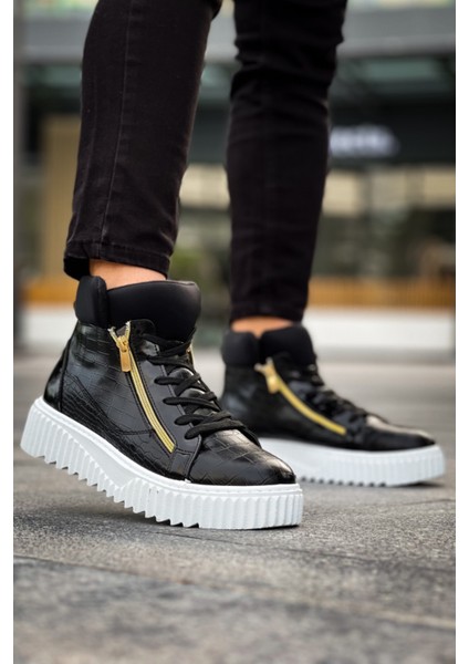 ET-S-512 Kalın Yüksek Taban Çift Fermuarlı Siyah Erkek Spor Bot fırsatları