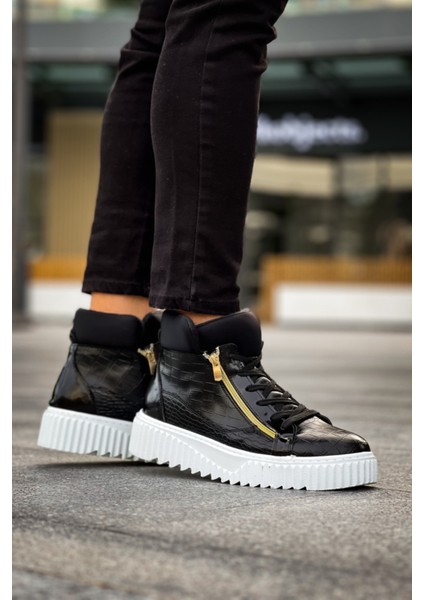 ET-S-512 Kalın Yüksek Taban Çift Fermuarlı Siyah Erkek Spor Bot indirimleri