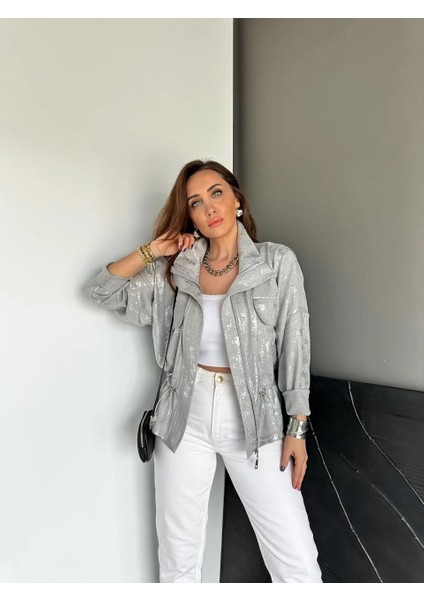 Qimene Kadın Iri Cepli Beli Büzgülü Bol Yakalı Varaklı Oversize Mont
