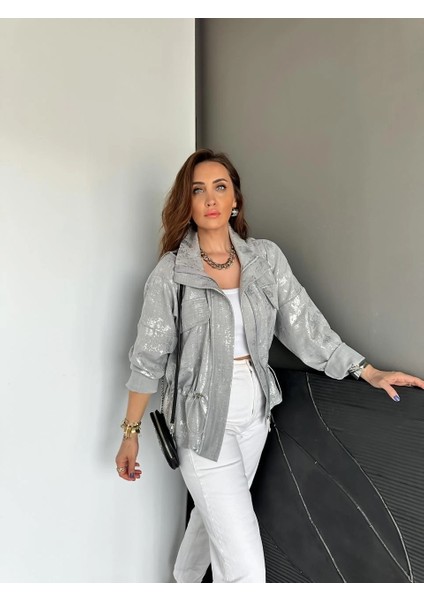 Qimene Kadın Iri Cepli Beli Büzgülü Bol Yakalı Varaklı Oversize Mont