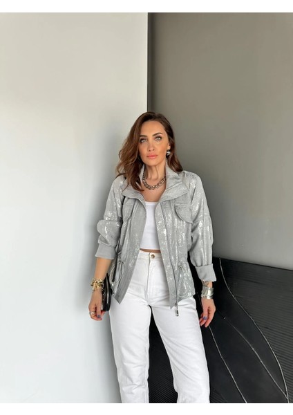Qimene Kadın Iri Cepli Beli Büzgülü Bol Yakalı Varaklı Oversize Mont