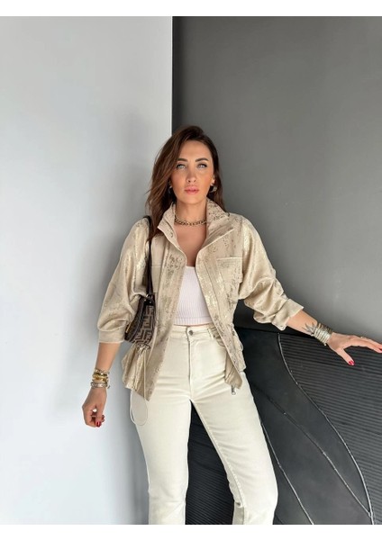 Qimene Kadın Iri Cepli Beli Büzgülü Bol Yakalı Varaklı Oversize Mont