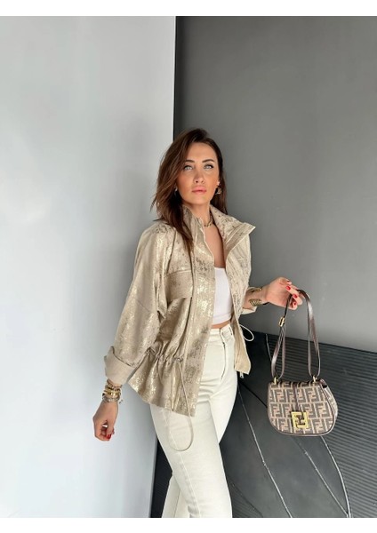 Qimene Kadın Iri Cepli Beli Büzgülü Bol Yakalı Varaklı Oversize Mont