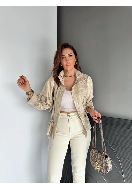 Qimene Kadın Iri Cepli Beli Büzgülü Bol Yakalı Varaklı Oversize Mont