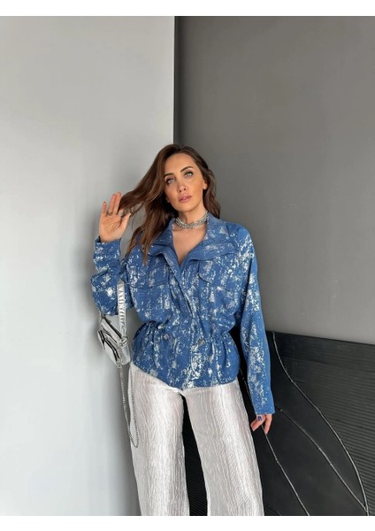Qimene Kadın Iri Cepli Beli Büzgülü Bol Yakalı Varaklı Oversize Mont
