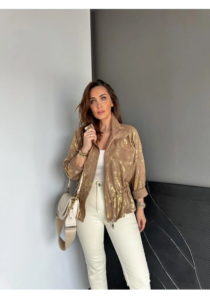 Qimene Kadın Iri Cepli Beli Büzgülü Bol Yakalı Varaklı Oversize Mont