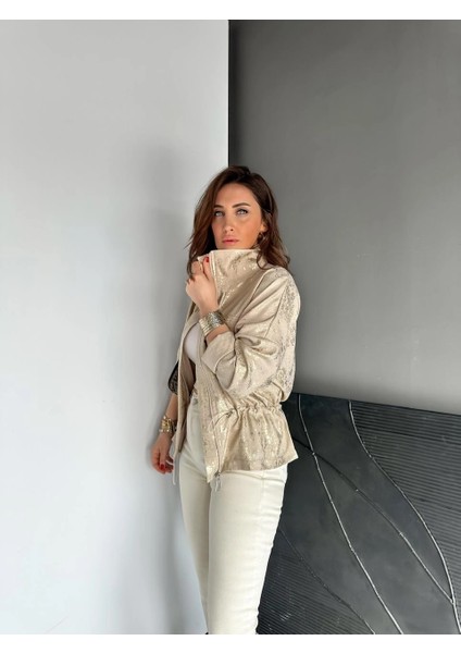 Qimene Kadın Iri Cepli Beli Büzgülü Bol Yakalı Varaklı Oversize Mont