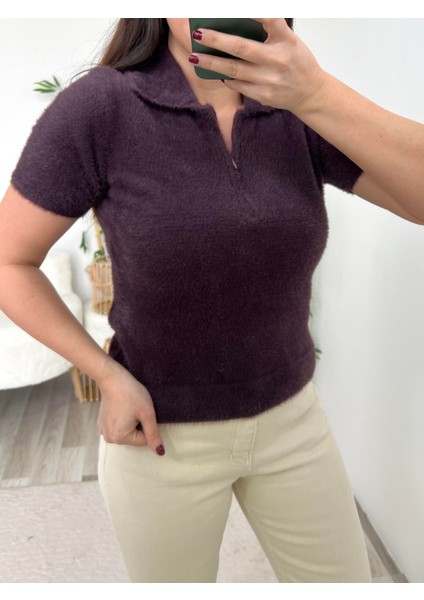 Mürdüm Yumuş Dokulu Polo Yaka Yarım Kol Bluz