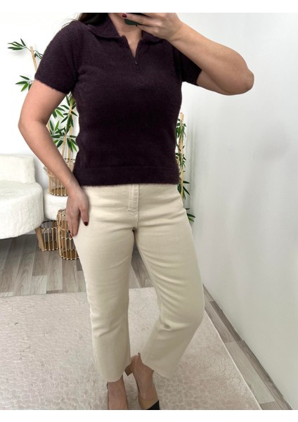 Mürdüm Yumuş Dokulu Polo Yaka Yarım Kol Bluz fiyatları