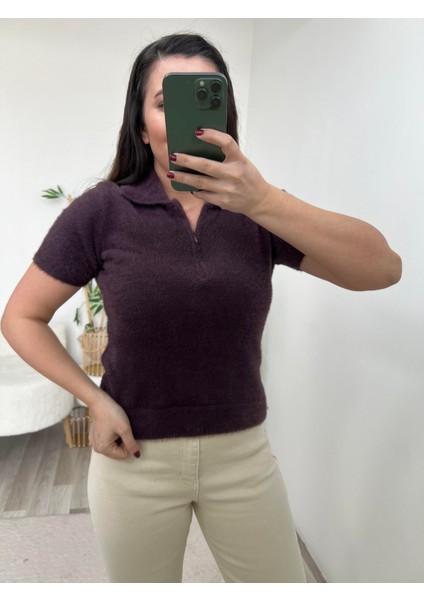 Mürdüm Yumuş Dokulu Polo Yaka Yarım Kol Bluz modelleri