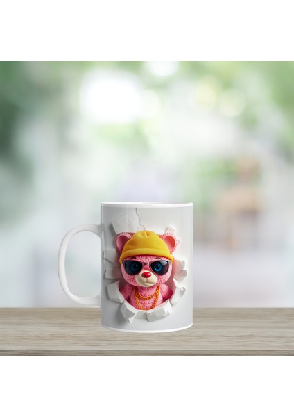 Pink Bear 3D Görünümlü Baskılı Porselen Kupalar Bardak
