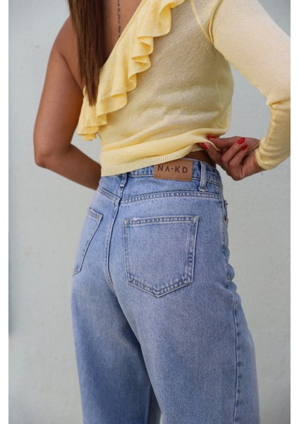 Mavi Paça Detay Taşlamalı Straight Pantolon