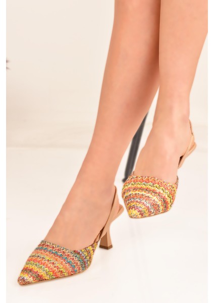 Kadın Çok Renkli Örgü Detaylı Sivri Burunlu Topuklu Ayakkabı fiyatları