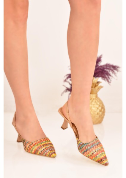 Kadın Çok Renkli Örgü Detaylı Sivri Burunlu Topuklu Ayakkabı modelleri