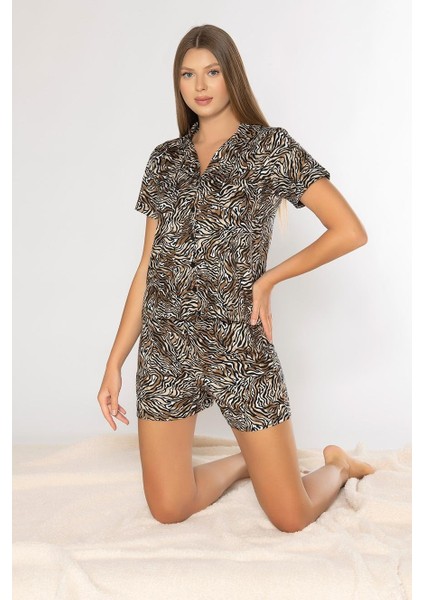 Leopar Desen Boydan Düğmeli Şort Takım Alperi 760-303