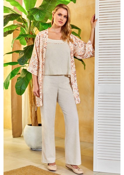 Keten Desenli Sabahlıklı Ip Askılı Pijama 3lü Set Zarif ve Lüks Flz 31-131