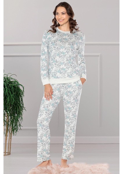 Desenli Uzun Kol Jakarlı Kumaş Yumuşak Kışlık Şık Zarif Pijama Takım Dowry 09-163 modelleri
