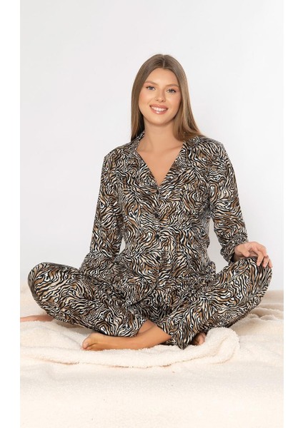 Leopar Desen Boydan Düğmeli Uzun Kol Pijama Takımı Poly Viskon Milan Alperi 790-304