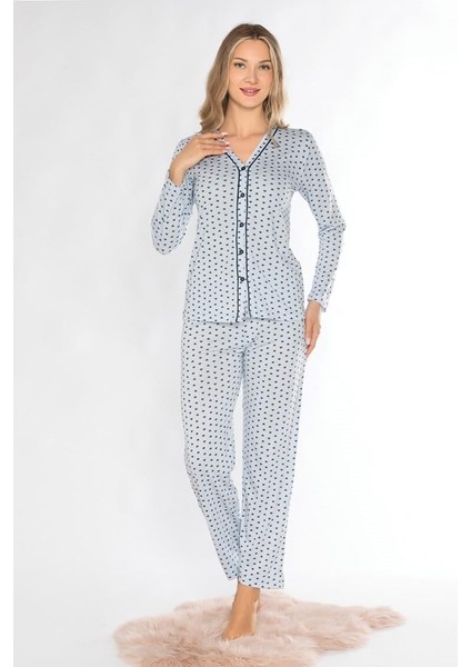 Boydan Düğmeli Mevsimlik Uzun Kol Pijama Takımı Alperi 790-70