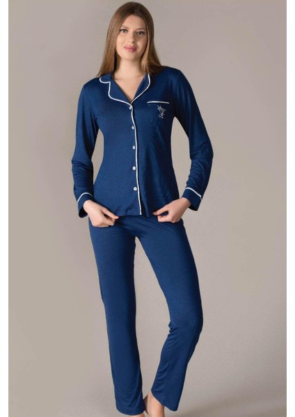 Boydan Düğmeli Uzun Kol Pijama Takımı Gömlek Flz 89-97